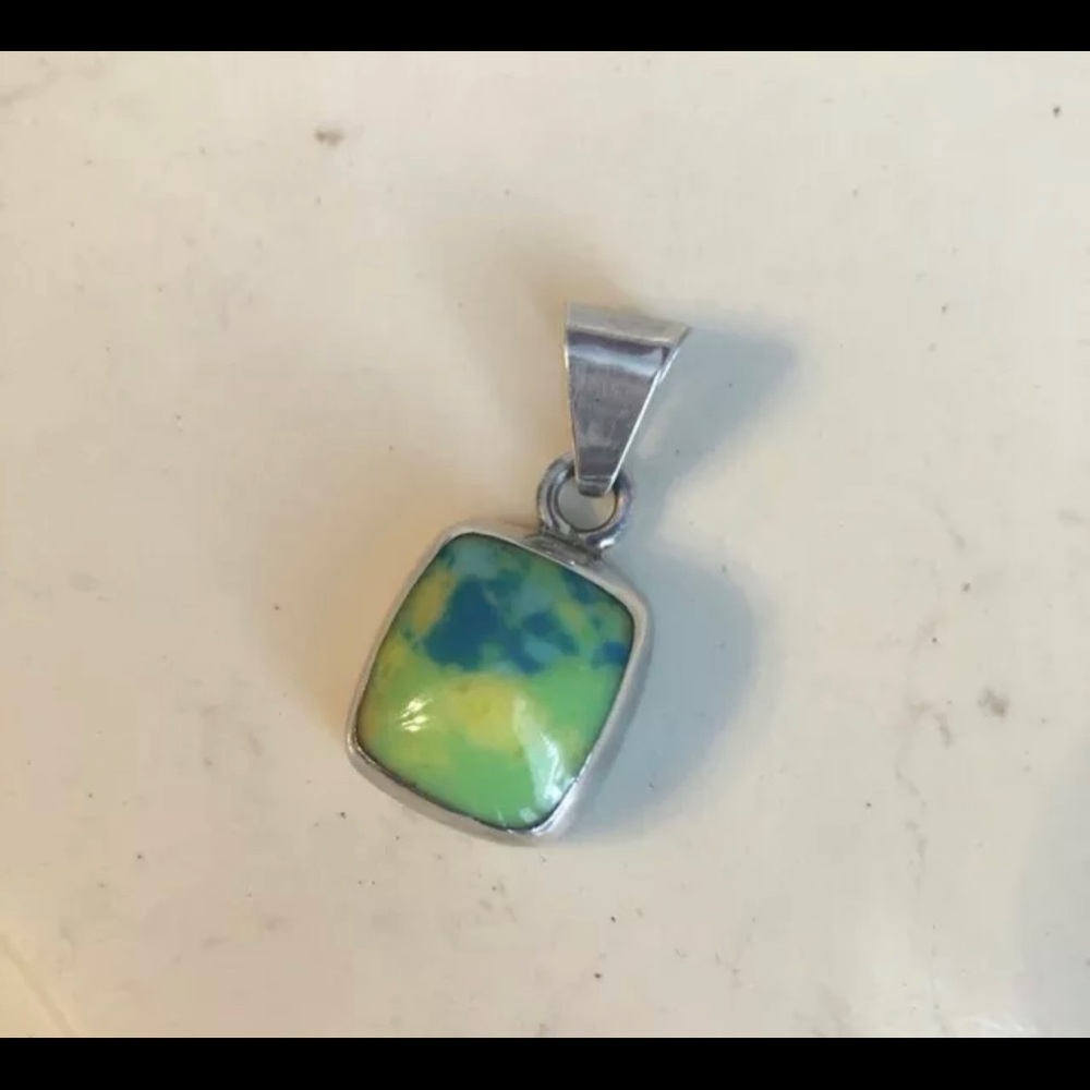 Sterling Silver Charm/Pendant~Square Marbled Stone Stamped Mexico 925